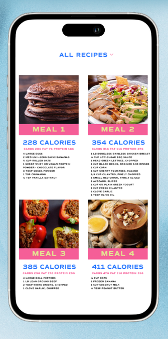 The FitQueen app recipe library showing four meals with calorie and macro breakdowns and full ingredient lists