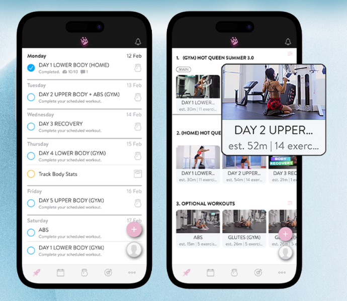 The FitQueen app showing a weekly workout schedule and the gym and home workout libraries